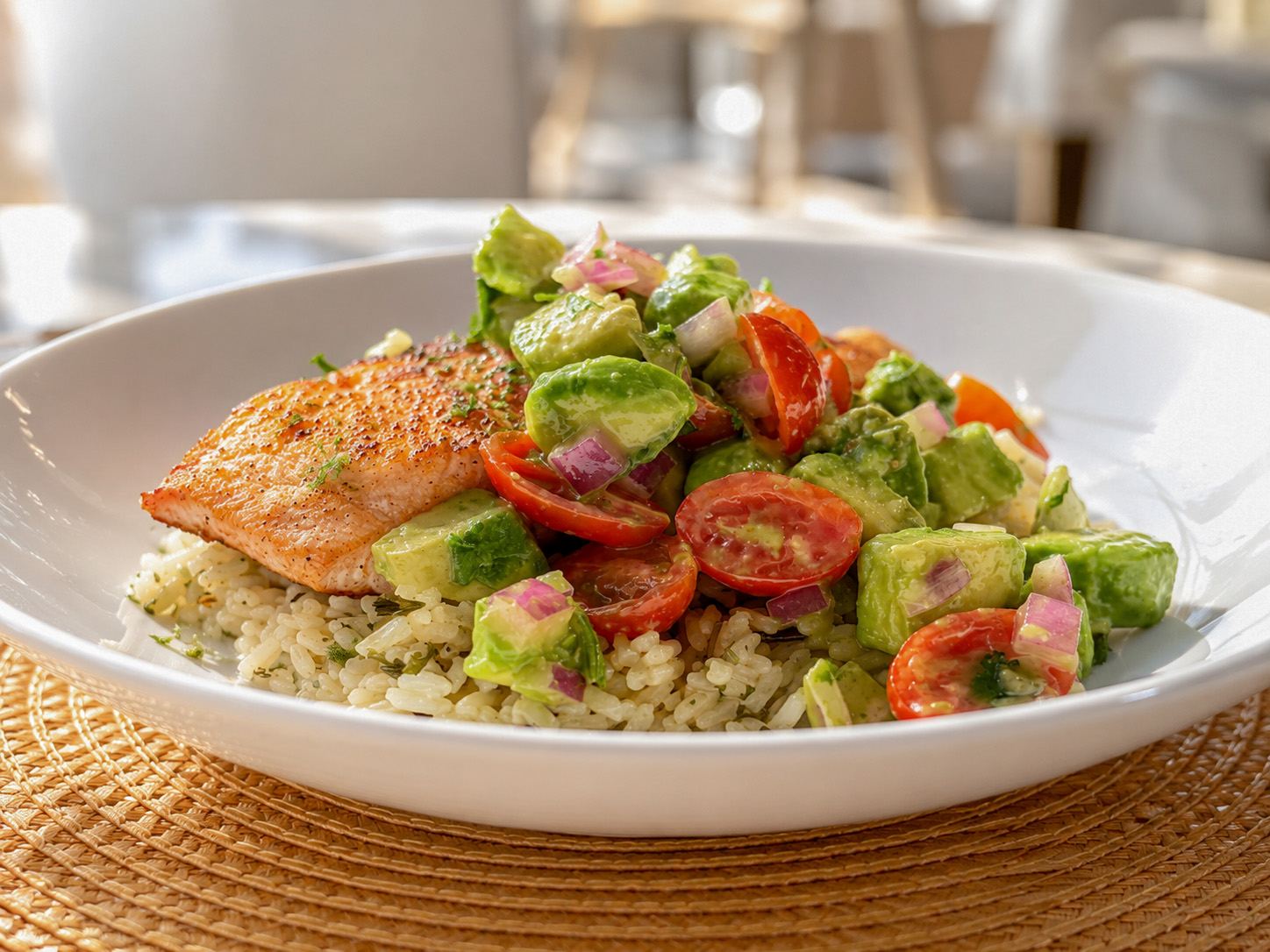 Seared salmon over herbed rice with an avocado and tomato salad, in warm restaurant light